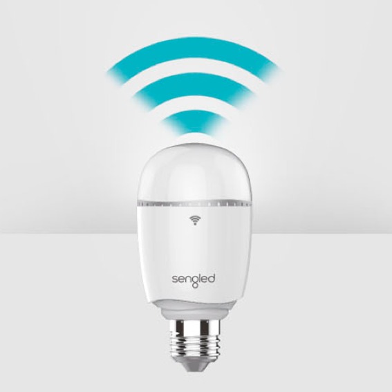A white Sengled smart lightbulb with a Wi-Fi symbol. Blue Wi-Fi signal arcs above it against a light gray background.