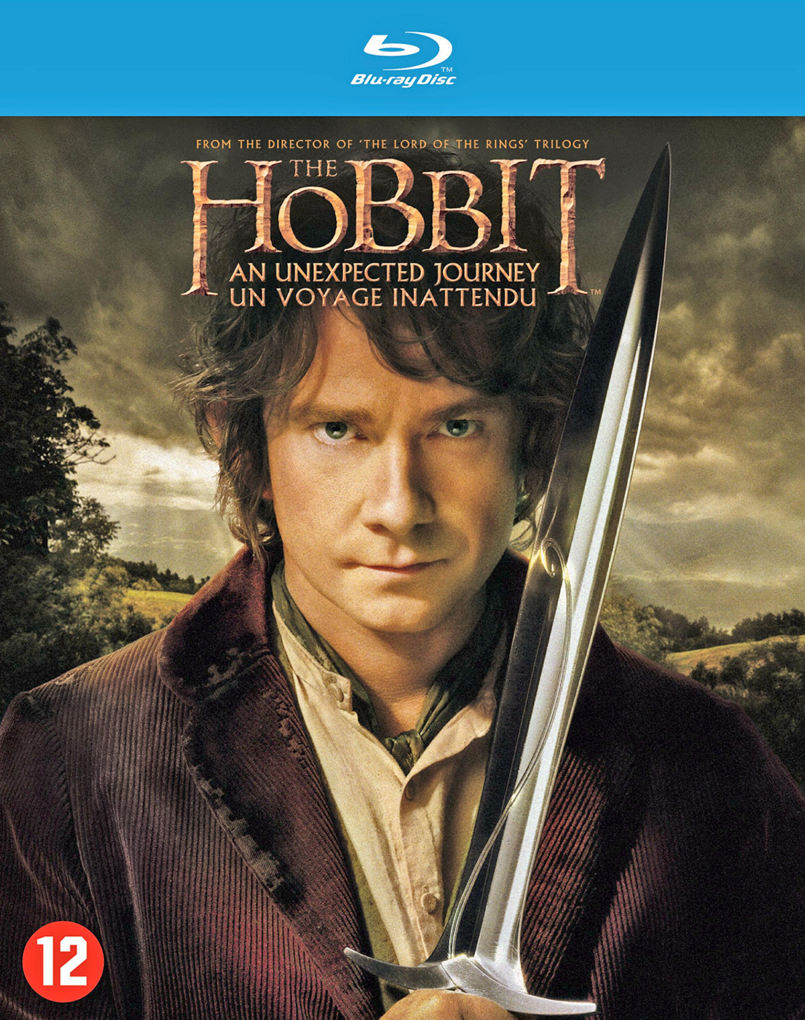 Jaquette DVD : Le Hobbit. Bilbon Sacquet tenant une épée, avec un arrière-plan montagneux.