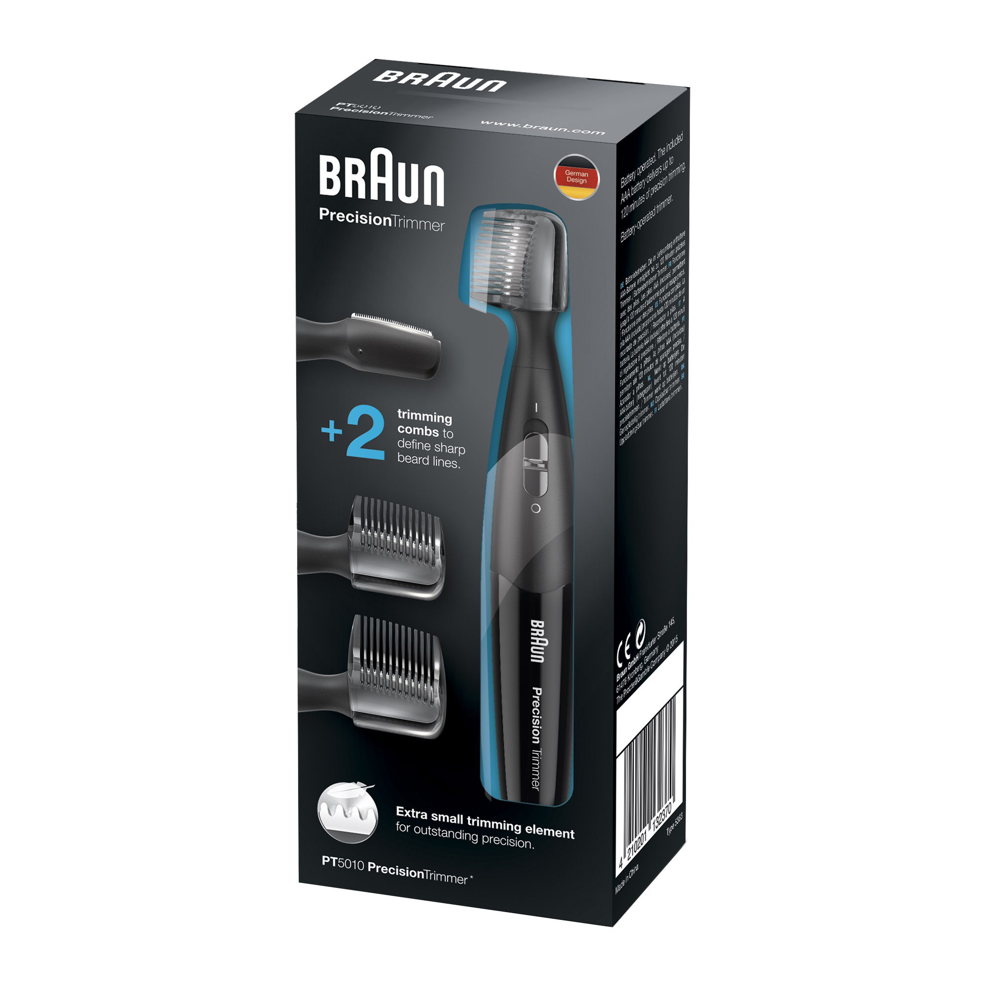 Eine Braun Precision Trimmer Box mit Trimmer und Aufsätzen. Schwarz und Blau dominieren.
