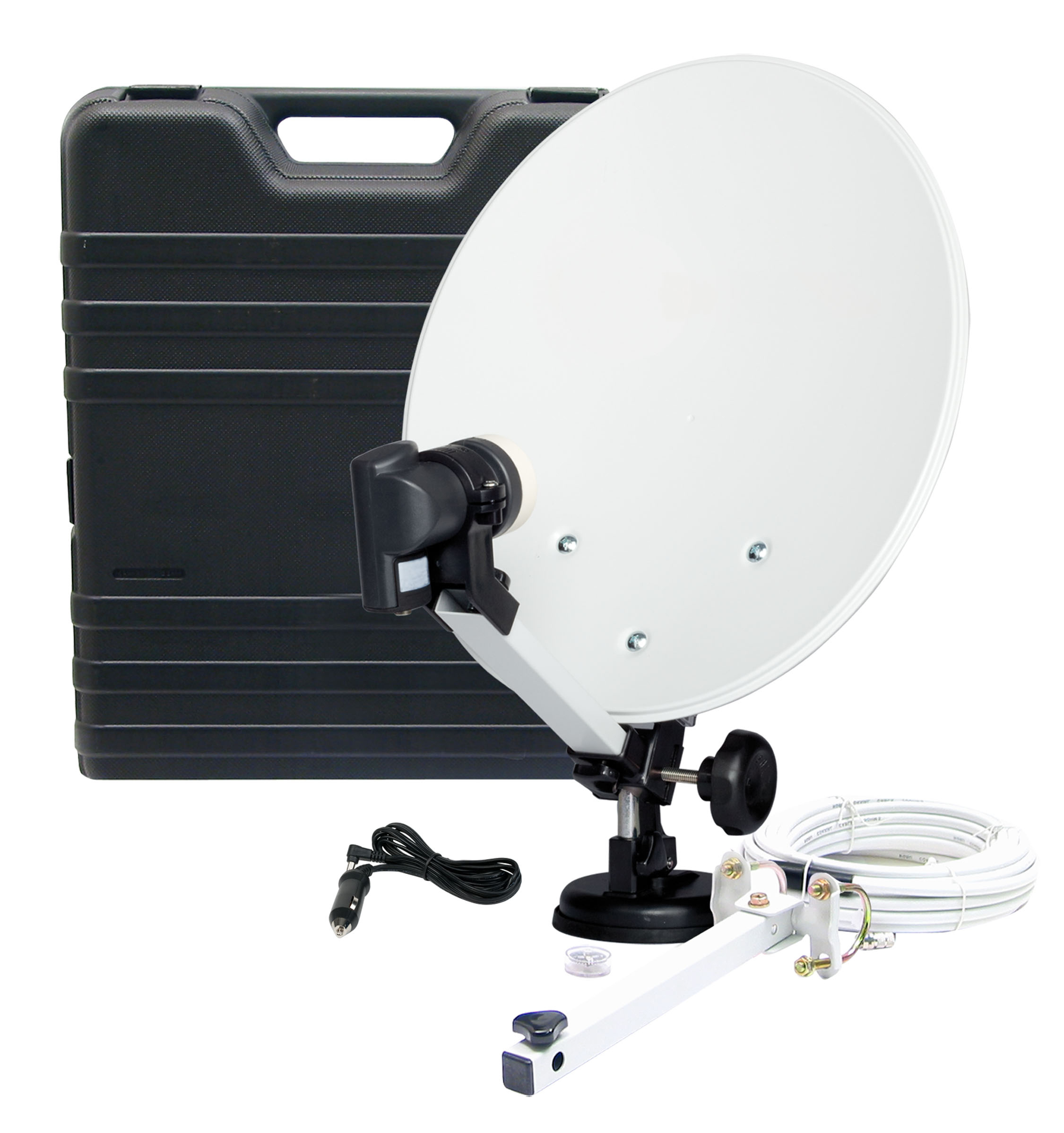 Antenna parabolica con custodia, cavo e supporto. Piatto bianco, custodia nera. Sfondo bianco.