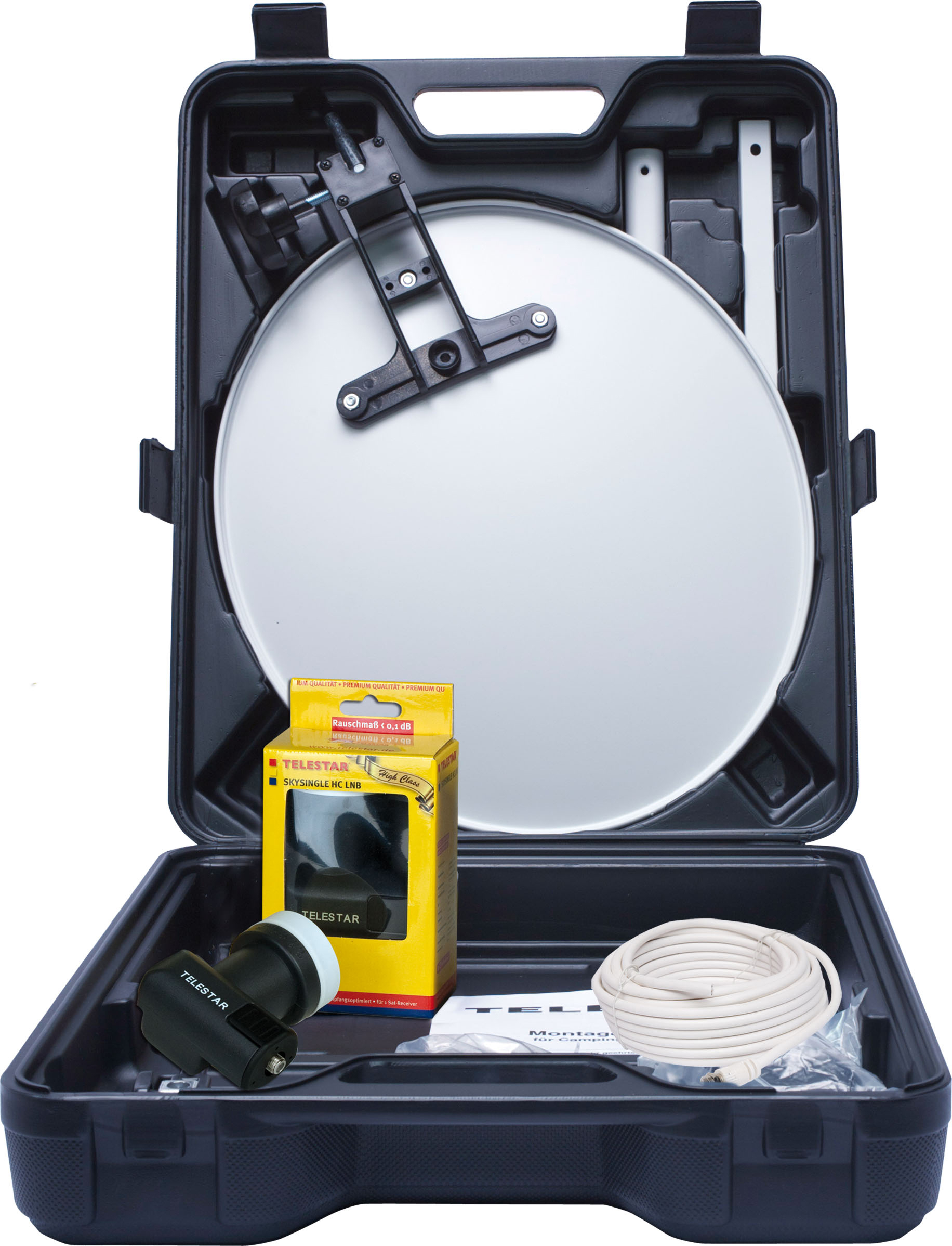 Valigetta nera con antenna parabolica e attrezzatura all'interno. Include un'antenna parabolica, cavi e un ricevitore.
