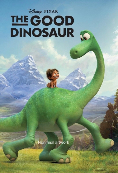 Filmposter van een groene dinosaurus met een jongen op zijn rug, bergen op de achtergrond.