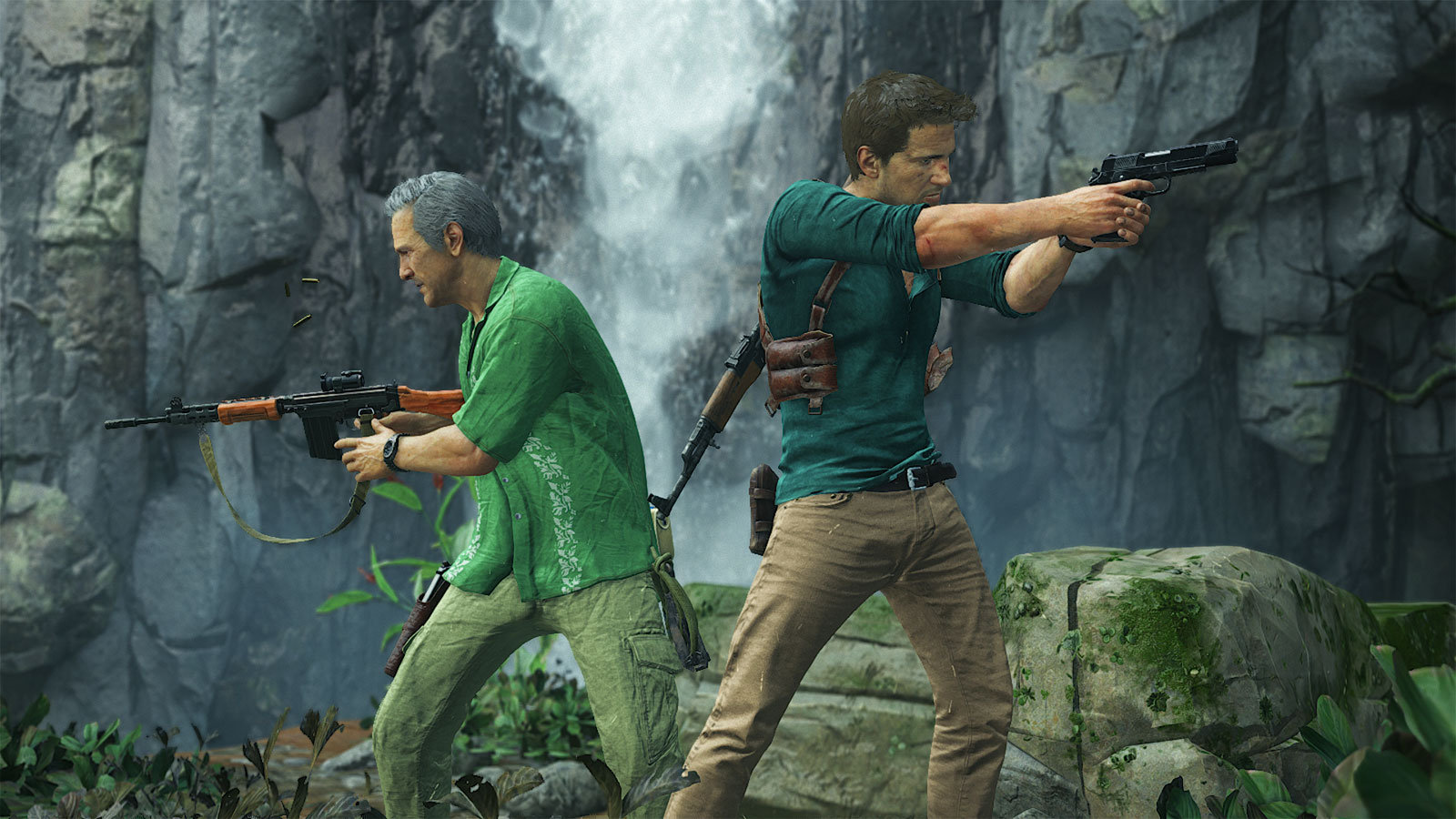 Twee mannen met geweren in een junglescène, met een waterval op de achtergrond.