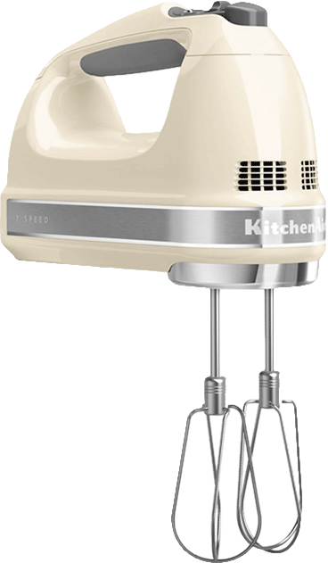 Krémszínű KitchenAid kézi mixer. A mixer ezüst szalaggal rendelkezik, rajta a '7 SPEED' és a 'KitchenAid' felirattal.