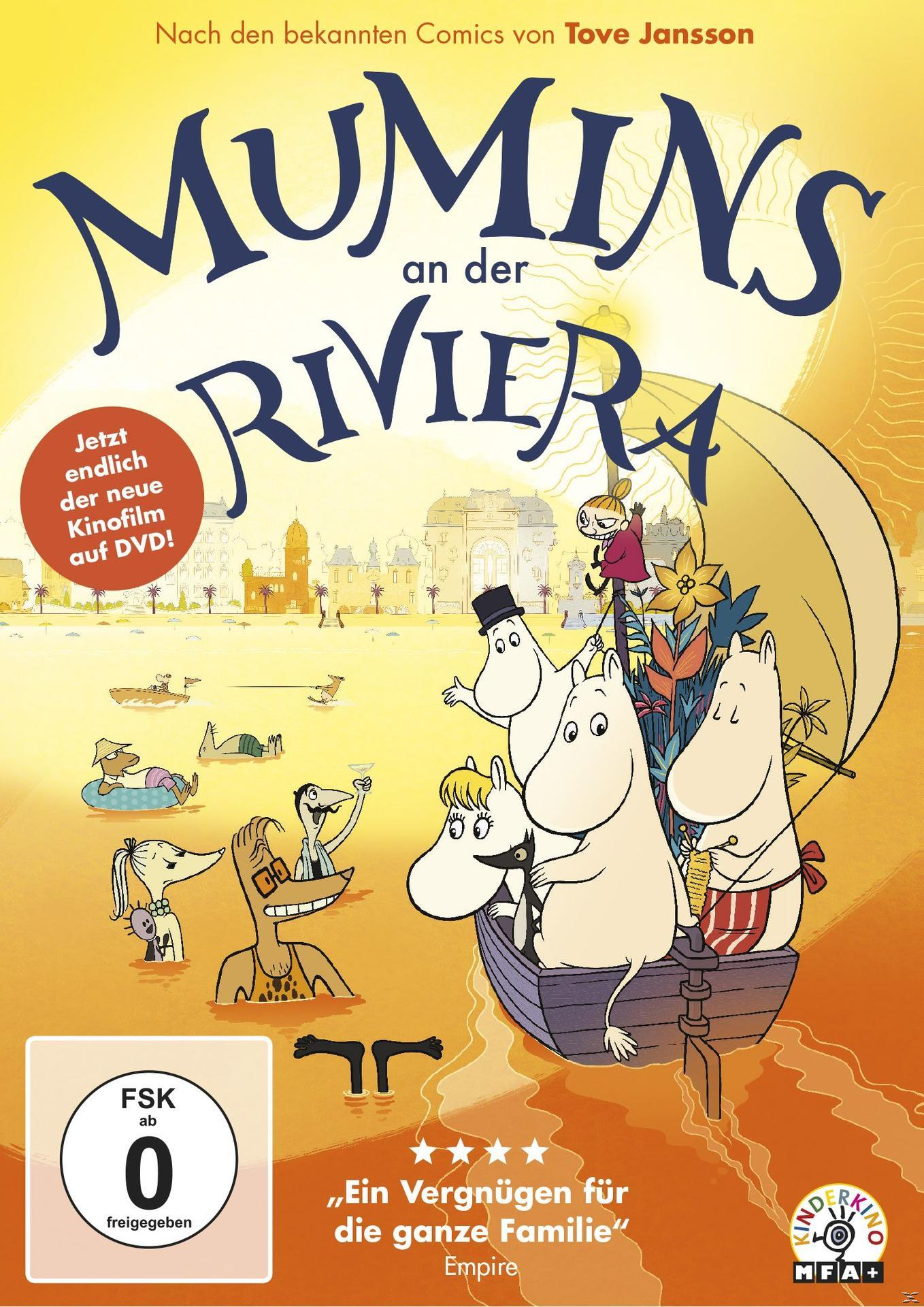 DVD-Cover: Mumin auf der Riviera, Cartoon, gelber Himmel und Meer, Mumin-Charaktere.
