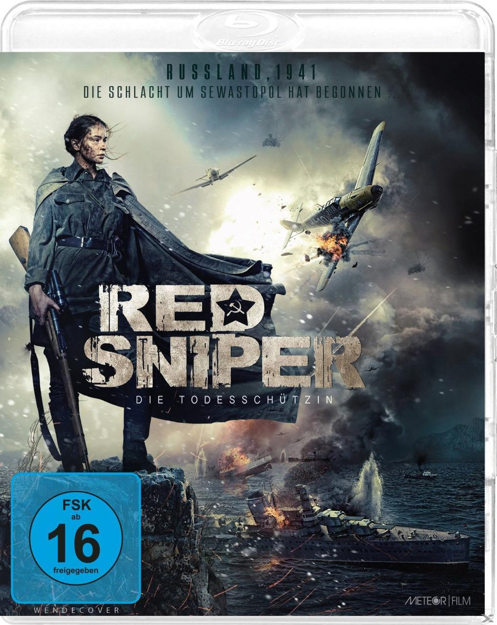 Filmcover: Eine Frau mit Gewehr vor einem Flugzeug und Explosionen. Titel ist 'Red Sniper', ein Kriegsfilm.