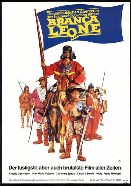 Filmplakat für 'Branca Leone', eine Gruppe Ritter zu Pferd mit Flagge.