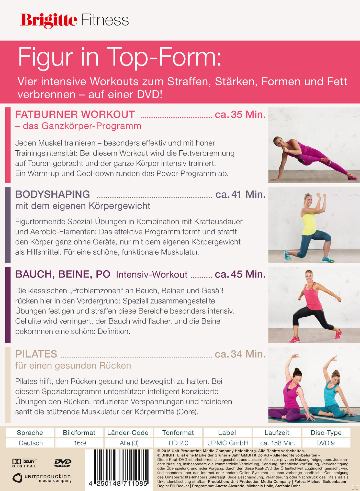 DVD-Rückseite mit Workout-Details und Bildern. Deutscher Text. Frauen machen Übungen in verschiedenen Posen.