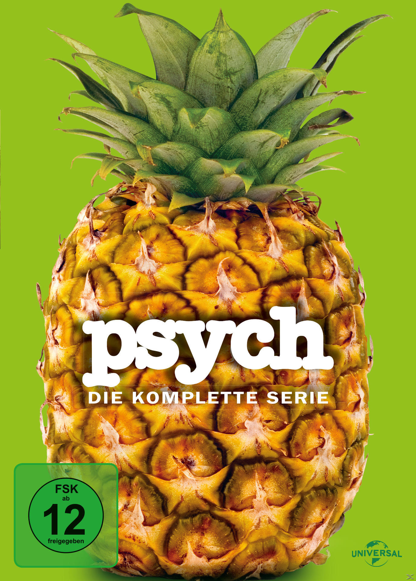 DVD-Cover für Psych, eine Serie. Es zeigt eine große Ananas mit dem Serientitel darauf.