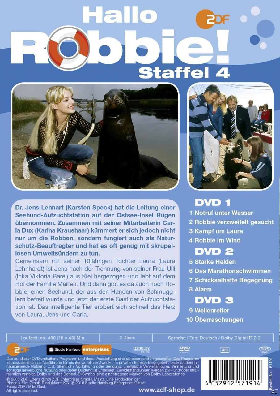 DVD-Cover von 'Hallo Robbie! Staffel 4' mit Menschen und einem Seelöwen.