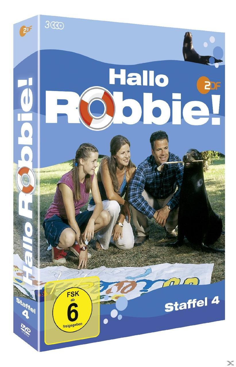 DVD-Box von 'Hallo Robbie!' mit Familie und Robbe. Blauer Hintergrund mit Logo und Text.