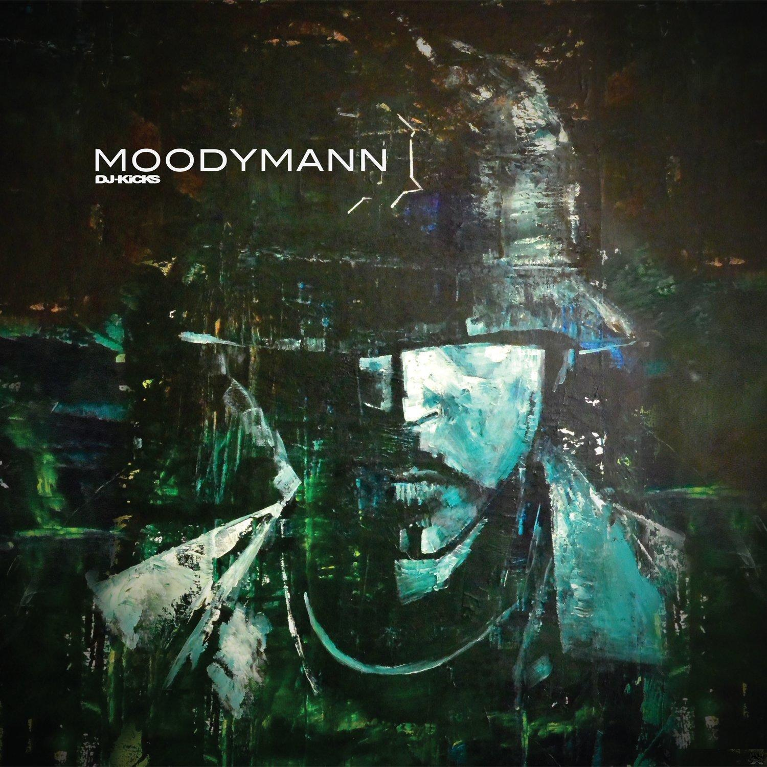 Kunstwerk: Moody Mann Porträt, Grüntöne, dunkler Hintergrund, abstrakt, strukturiert.