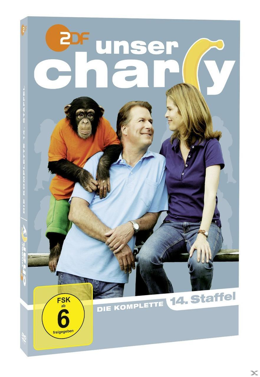 Unser Charly DVD-Box-Set. Schimpanse, Mann, Frau. Blauer Hintergrund. FSK 6-Bewertung.