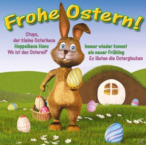 Farbenfrohes Ostermotiv mit Hase, Eiern und grüner Landschaft. Text auf Deutsch. Weißer Hintergrund.