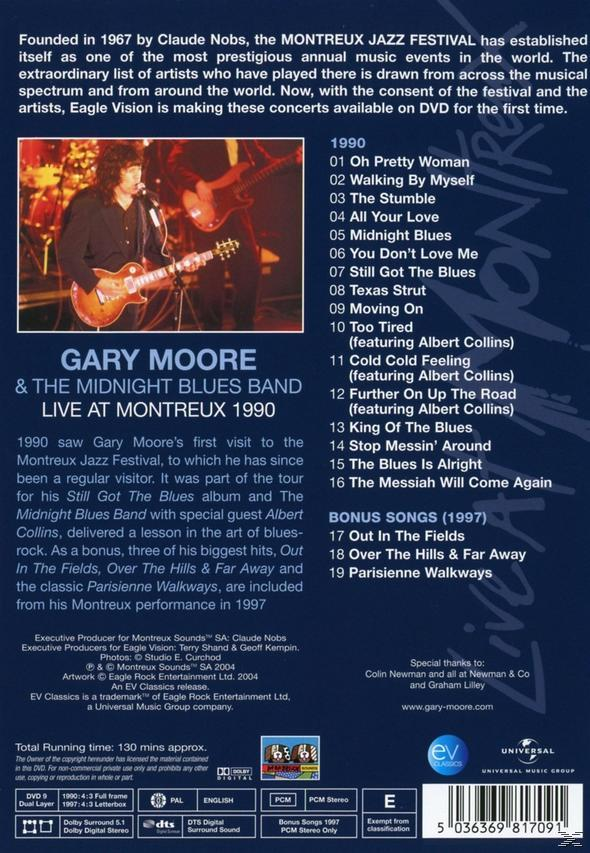 DVD-Cover mit Gary Moore und der Midnight Blues Band Live in Montreux 1990. Text und Bild.