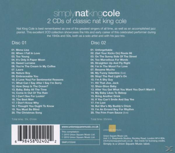 Nat King Cole CD-borítója: 2 CD klasszikus dalokkal. Felsorolja a dalokat, köztük a Mona Lisát, és a játékidőket.