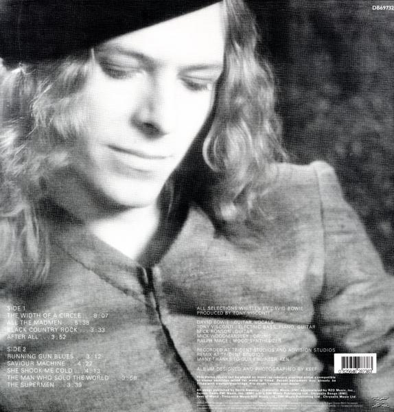 Schwarz-Weiß-Bild von David Bowie mit Titelliste und Albumdetails.