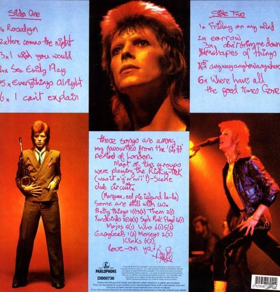 Pochette d'album de David Bowie avec liste des pistes. Comprend des photos de lui dans différentes tenues.