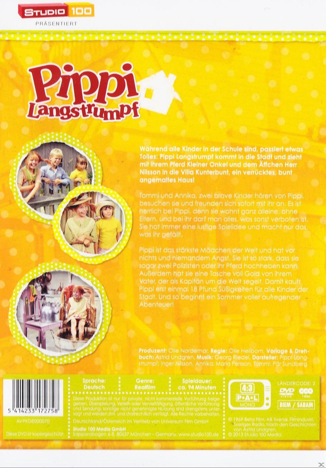 DVD-Cover von Pippi Langstrumpf. Enthält Illustrationen von Charakteren und Text auf Deutsch.