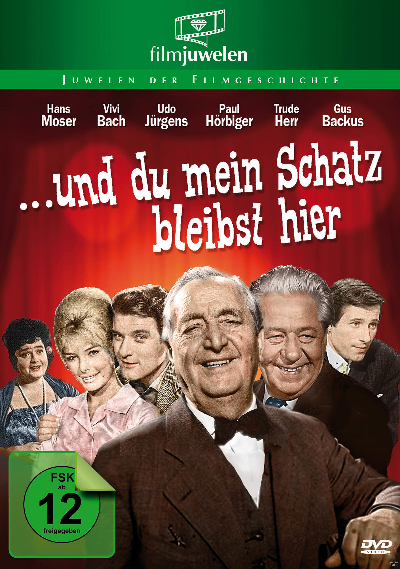 DVD-Cover eines Films mit mehreren Schauspielern. Text: ...und du mein Schatz bleibst hier. Grüner Text unten.