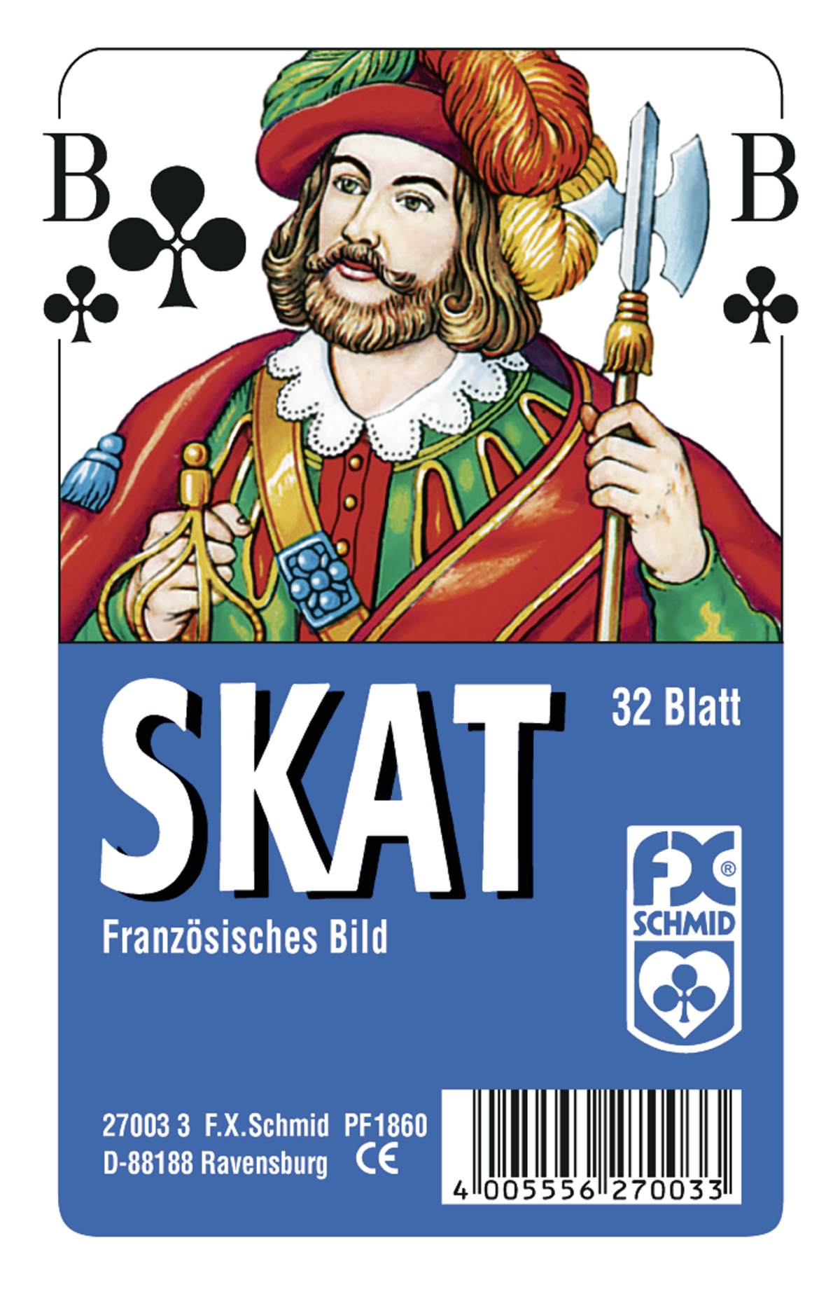 Spielkarte mit einem Mann mit Hut, der eine Axt hält. Die Karte ist blau und weiß mit schwarzen Symbolen.