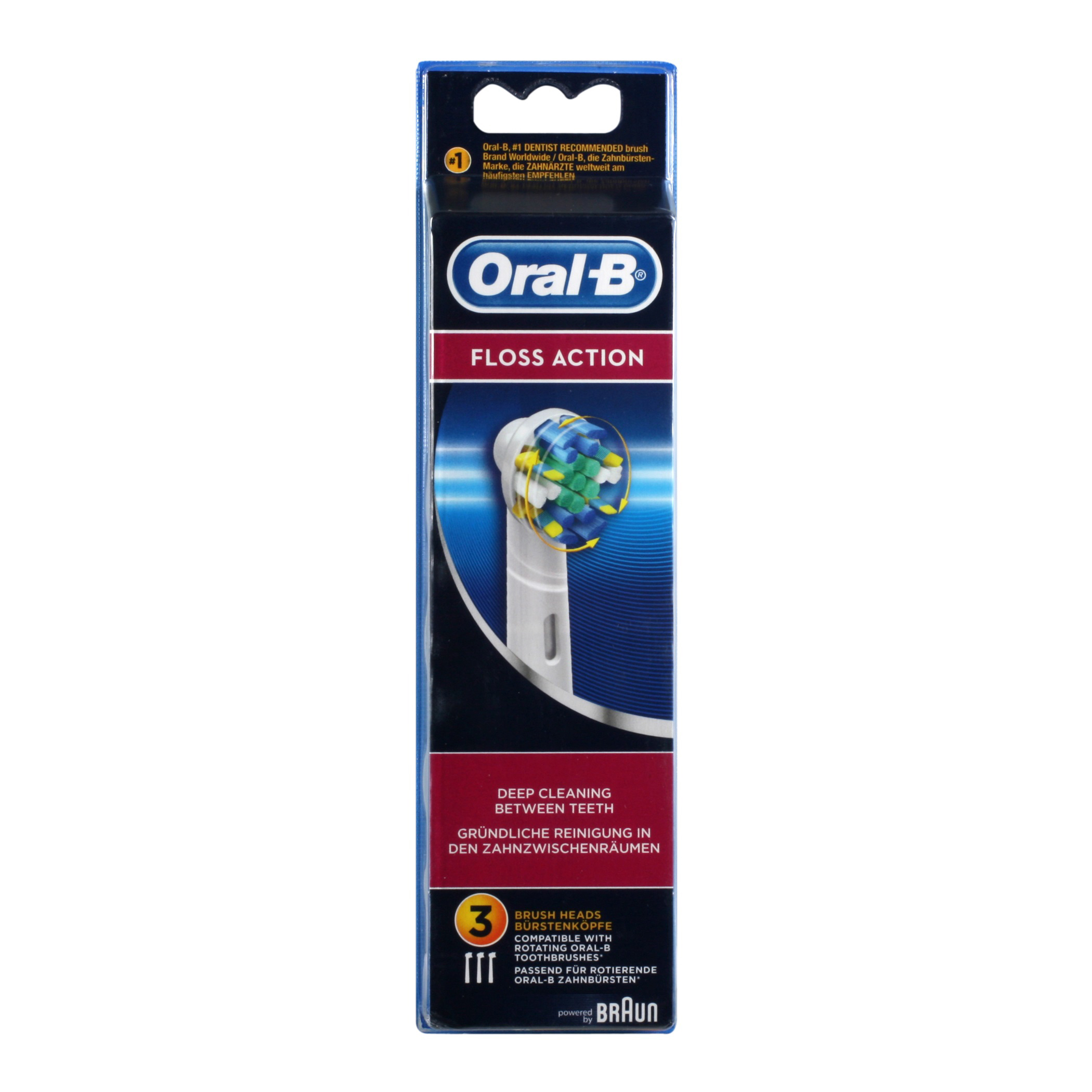 Oral-B Floss Action Bürstenkopf-Verpackung. Blau und weiß mit einem Bürstenkopfbild.