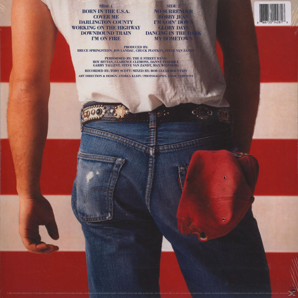 Rückseite des Albumcovers mit Titelliste, Bruce Springsteens Namen und einer rot-weiß-blauen Flagge.