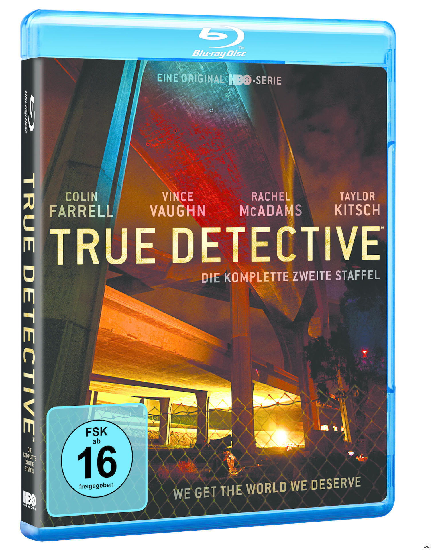 DVD-Cover: Blu-ray Disc für 'True Detective', Namen der Schauspieler, unter einer Brücke, blaue Box.