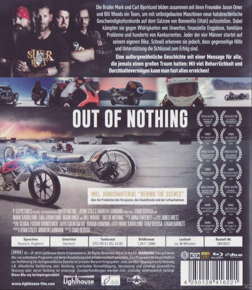 DVD-Cover von 'Out of Nothing' mit Motorrad und Crew. Text hebt den Filmtitel hervor.