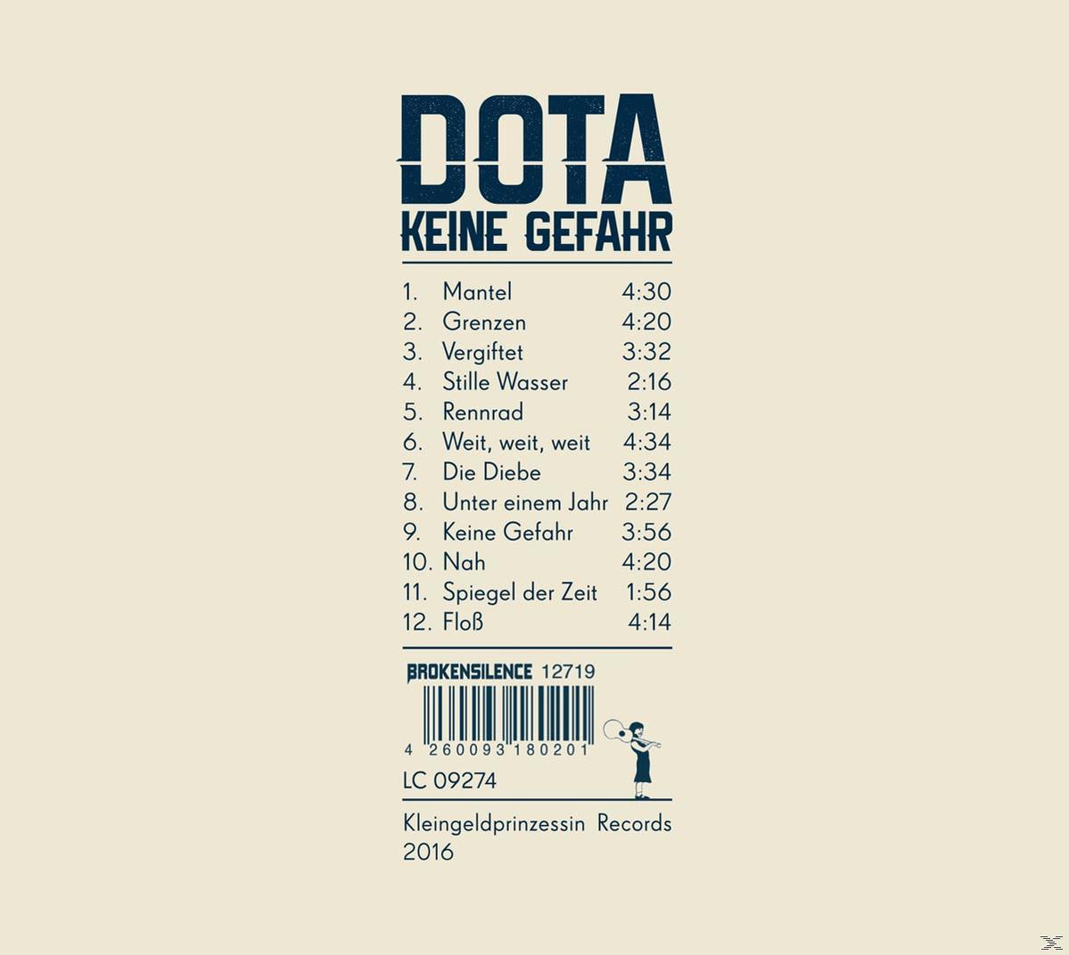Albumcover mit Titelliste: DOTA - Keine Gefahr. Beigefarbener Hintergrund mit Text.