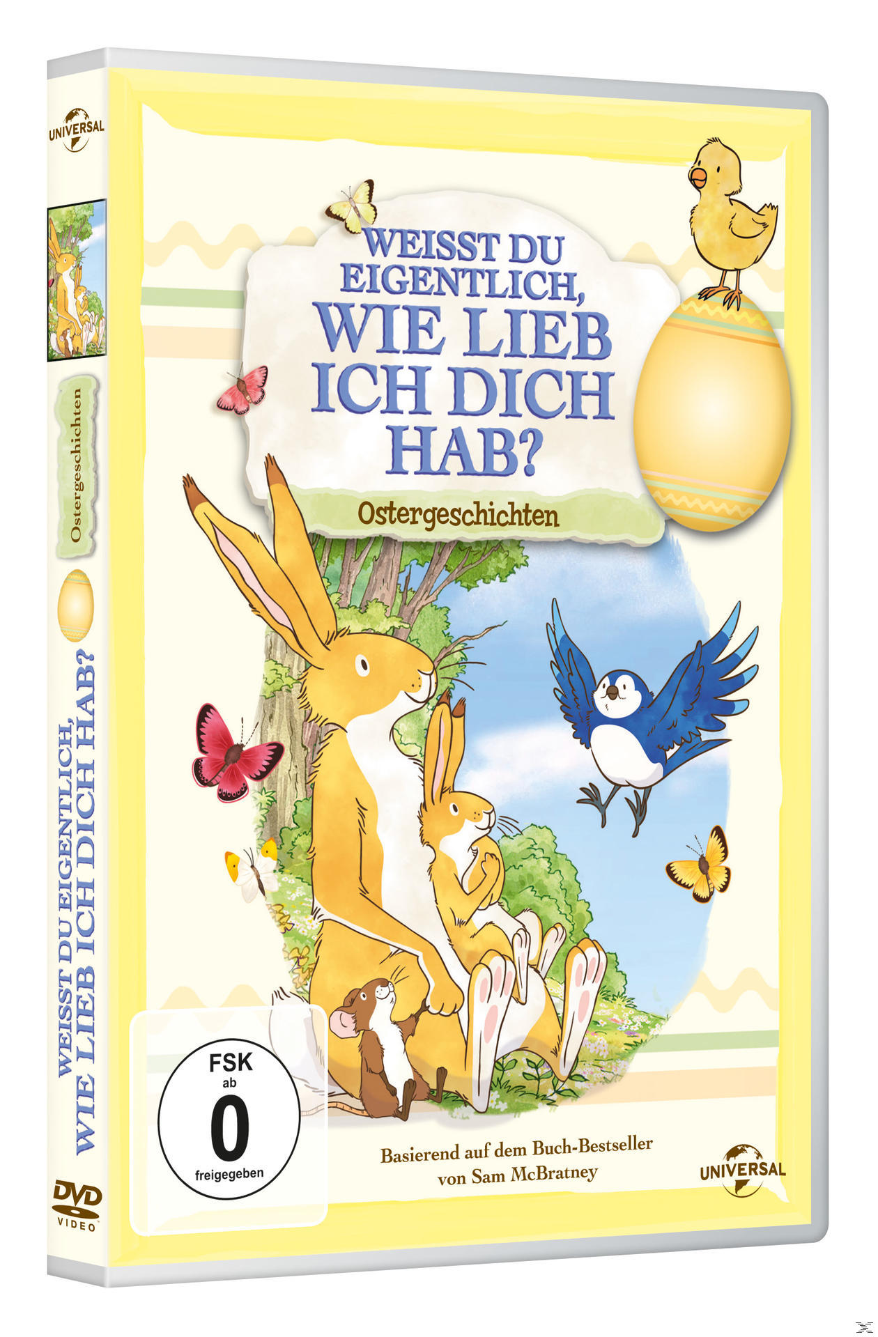 DVD-Cover: Cartoon mit Hase und anderen Tieren. Gelbes Ei und Schmetterlinge.