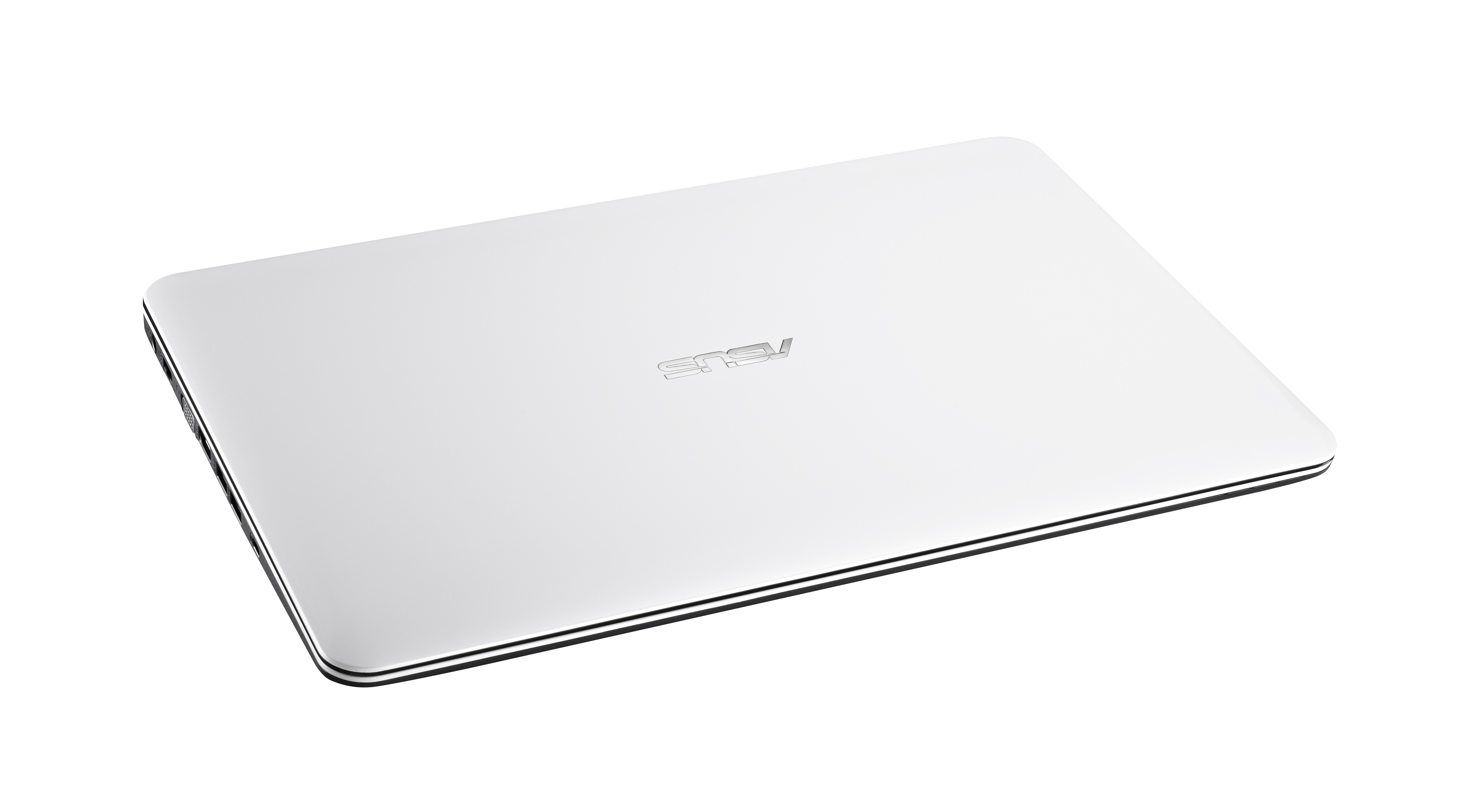 Ein weißes ASUS-Laptop, geschlossen, leicht angewinkelt. Das ASUS-Logo ist auf dem Deckel sichtbar.