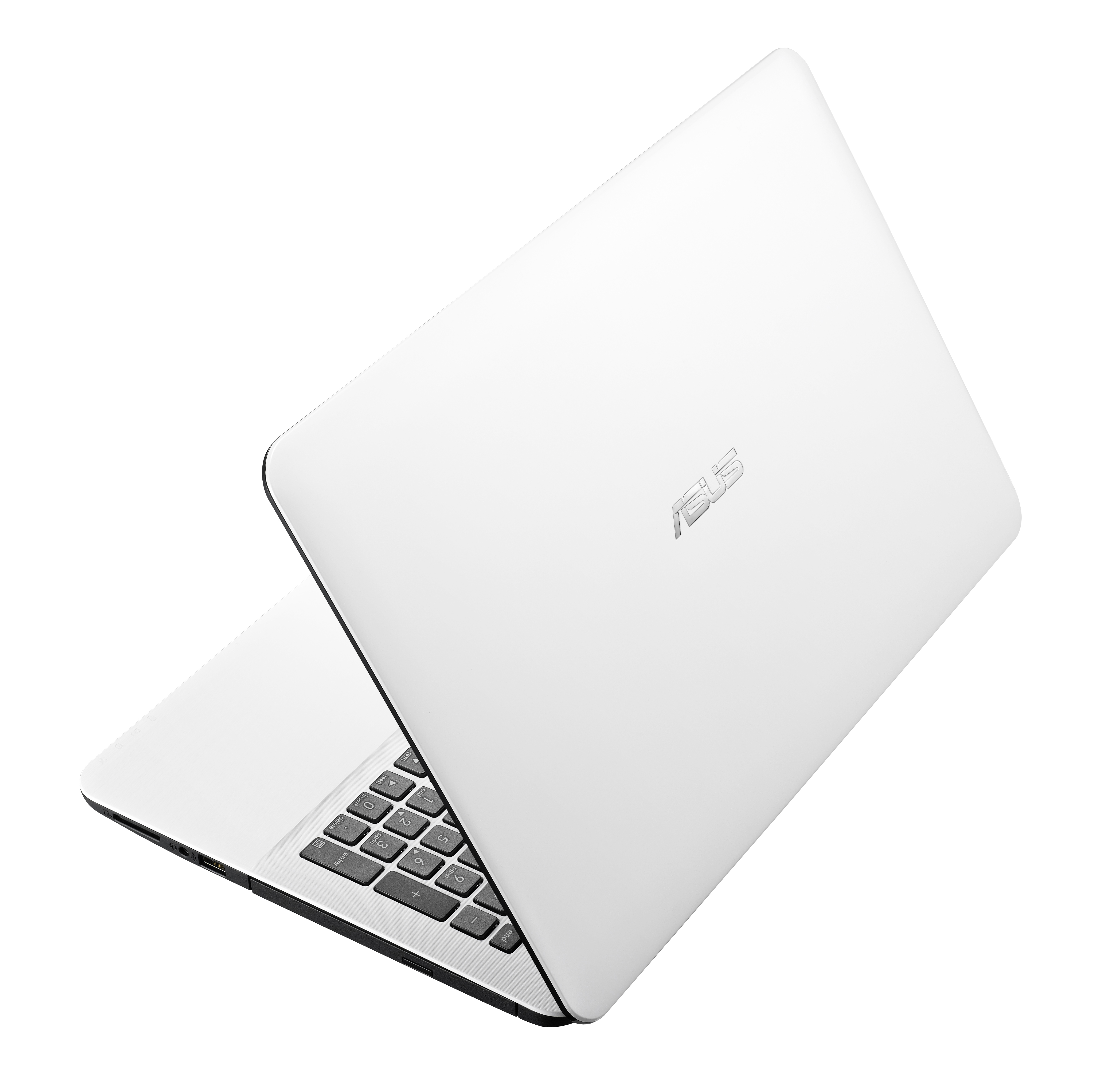 Weißes Asus-Laptop, geöffnet, zeigt Tastatur und Bildschirm. Asus-Logo auf der Rückseite.
