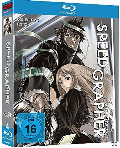 Eine DVD-Hülle mit Anime-Charakteren. Der Text lautet 'SPEED GRAPHER' und 'COLLECTOR'S EDITION'.
