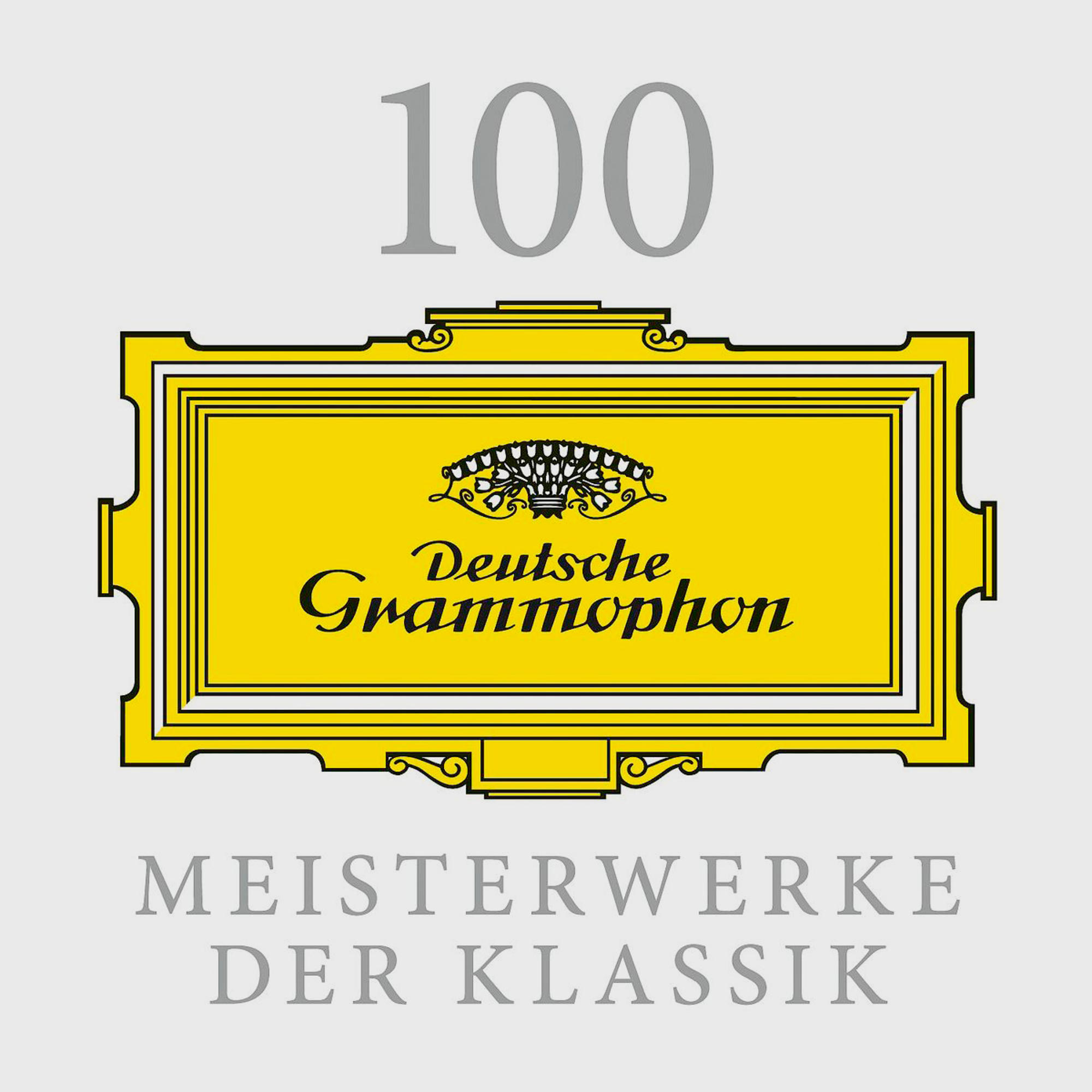 Gelbes Deutsche Grammophon Logo mit '100' und 'Meisterwerke der Klassik' auf hellgrauem Hintergrund.