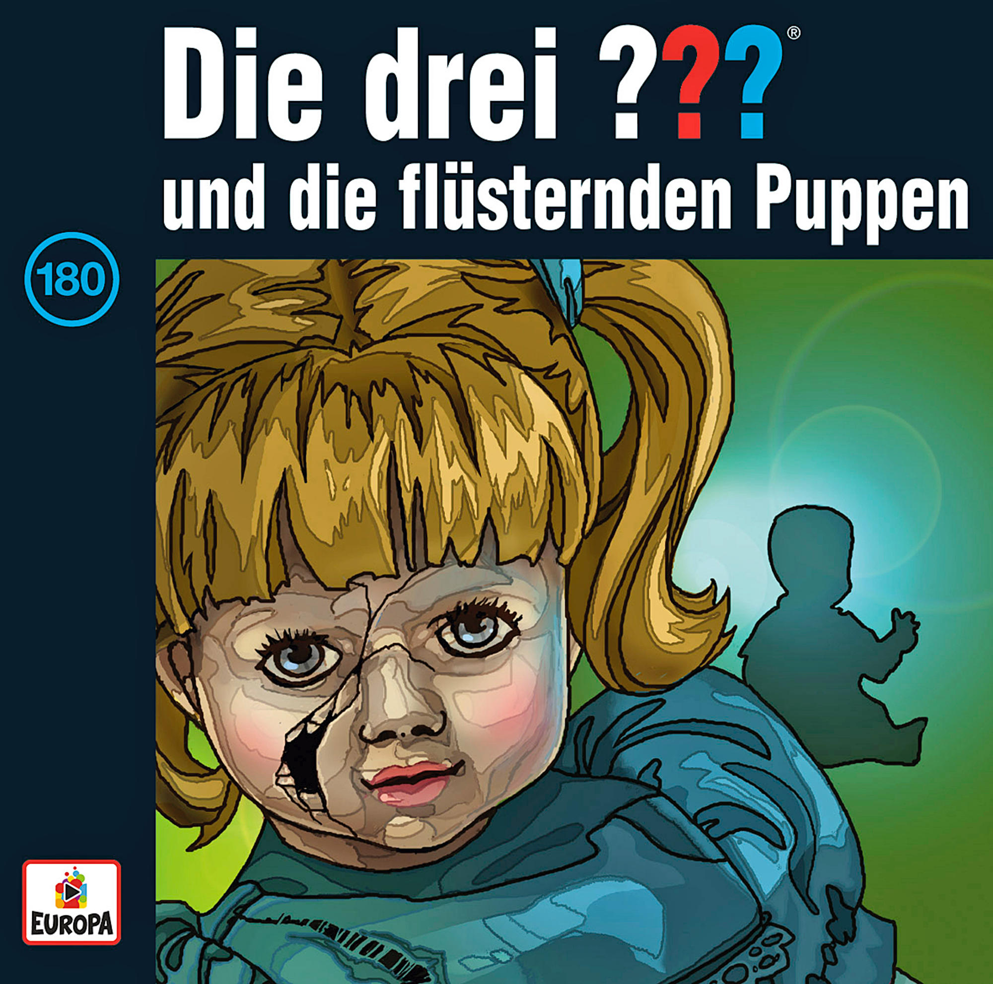 Albumcover für ein deutsches Hörspiel mit einem rissigen Puppengesicht und einer Silhouette.