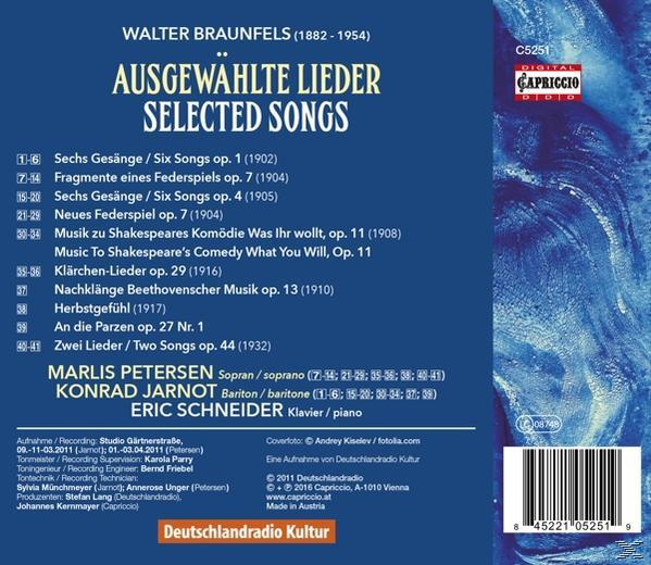 Rückseite einer CD mit deutschem Text über ausgewählte Lieder von Walter Braunfels und Credits.