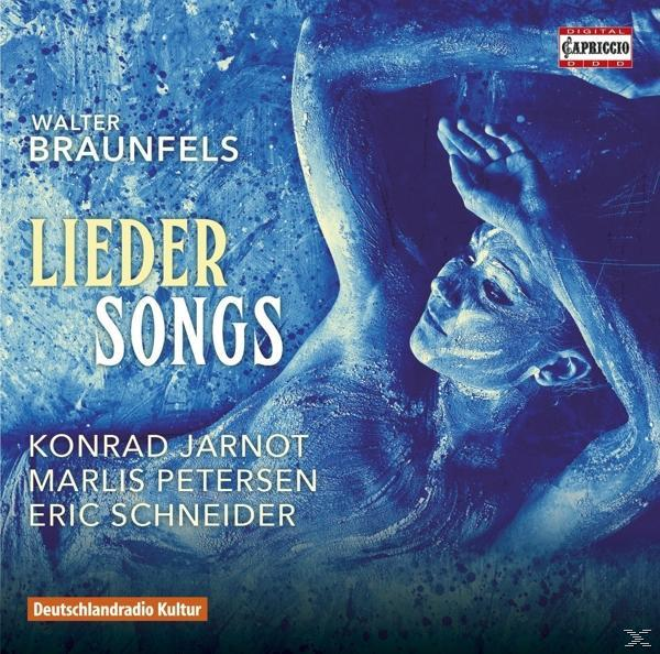 Albumcover. Das Gesicht einer Frau mit blauem Hintergrund. Text: Lieder Songs, Walter Braunfels, Konrad Jarnot.