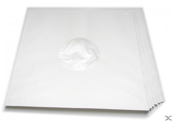 Ein Stapel weißer Papier-Schallplattenhüllen mit einem transparenten kreisförmigen Fenster.