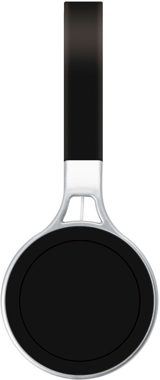Casque audio noir et argenté. Le dessus est noir et le dessous argenté. Le design est élégant et moderne.