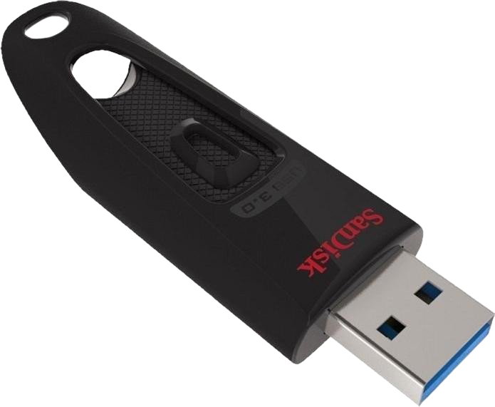 Fekete Sandisk USB meghajtó USB 3.0 logóval. Az USB csatlakozó kék.