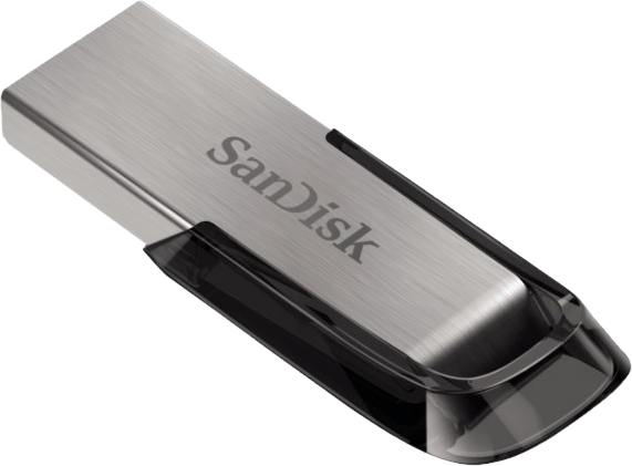 Ezüst SanDisk USB flash meghajtó, fekete akcentusokkal és átlátszó kupakkal, fehér háttéren.