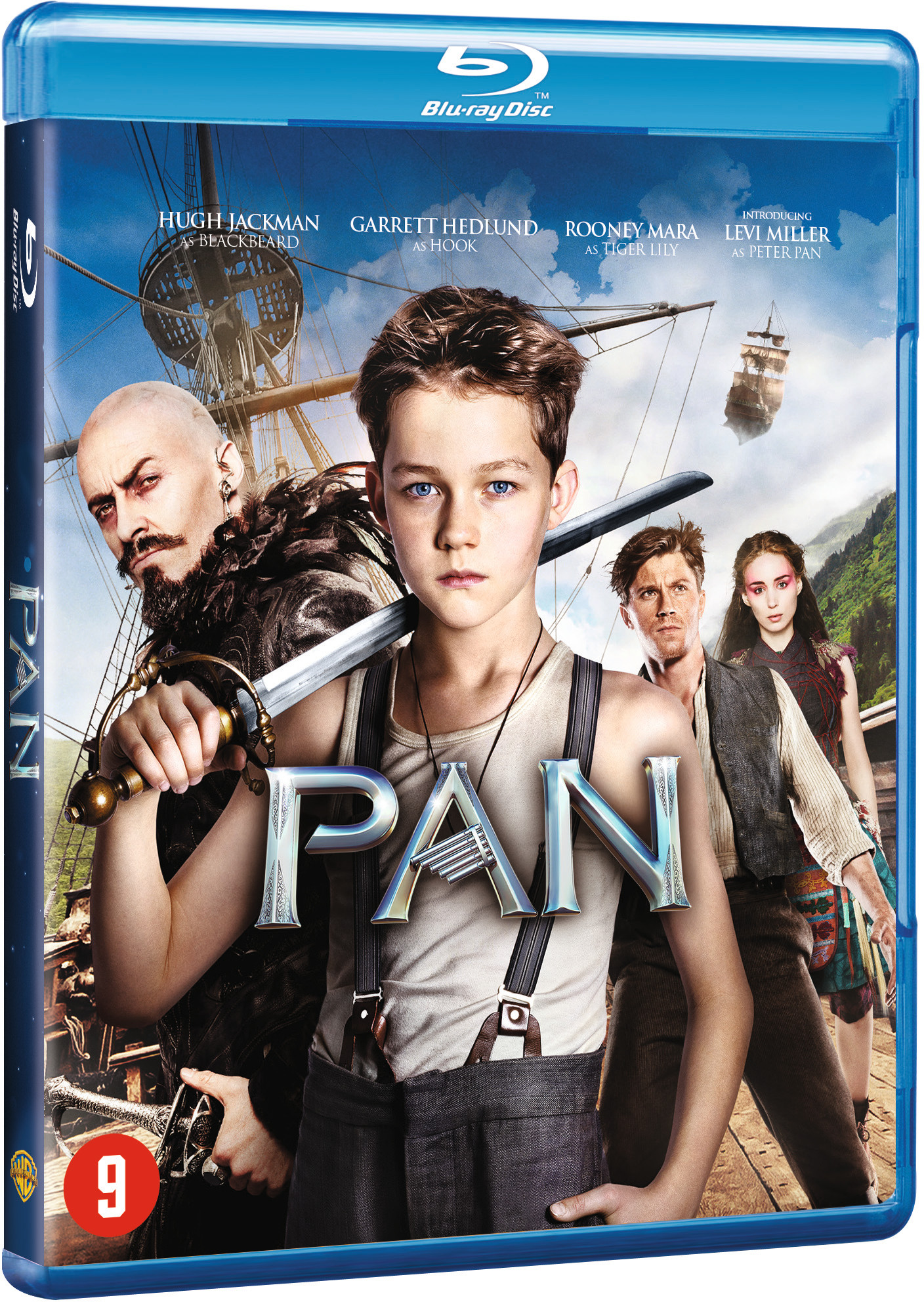 Blu-ray hoes voor de film Pan, met acteurs en de titel van de film.