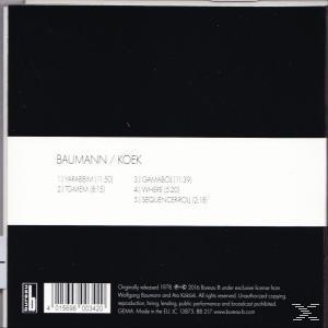 Schwarz-weißes Albumcover mit Text 'BAUMANN / KOEK' und einer Titelliste.