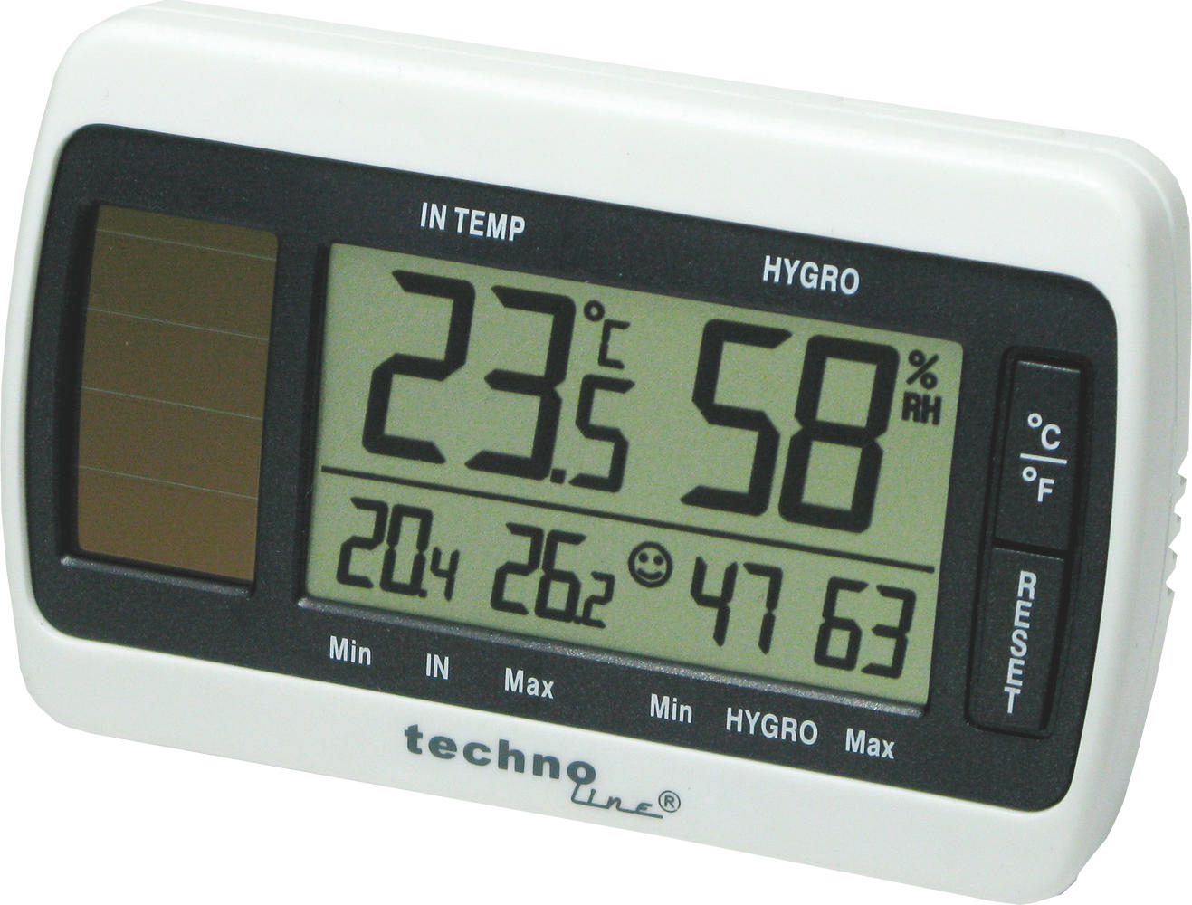 Weißes digitales Thermometer, das Temperatur und Luftfeuchtigkeit anzeigt. Schwarzes Display mit Messwerten. Techno Line-Marke.