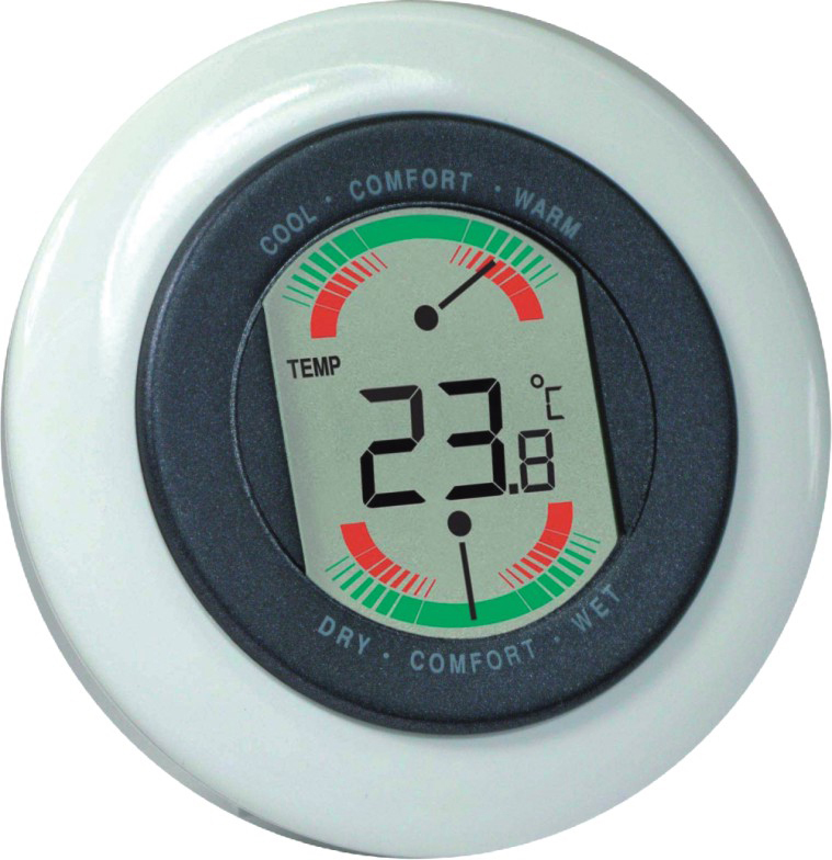 Weißes rundes Thermometer mit Digitalanzeige von 23,8 Grad Celsius.