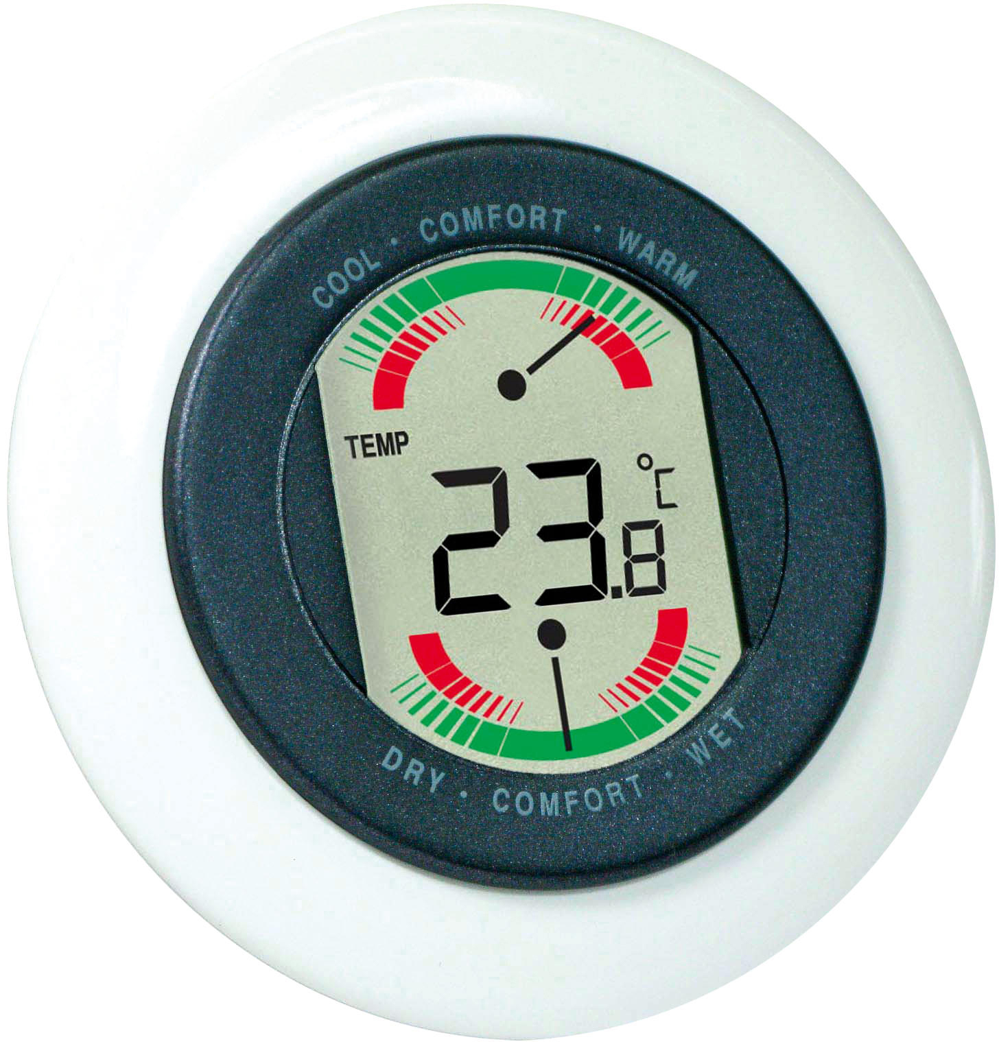 Ein digitales Thermometer, das 23,8 Grad Celsius anzeigt.