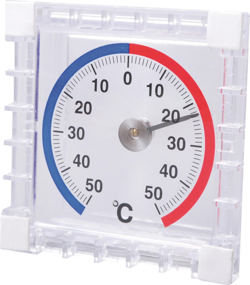 Ein Thermometer mit einer blauen und roten Skala.