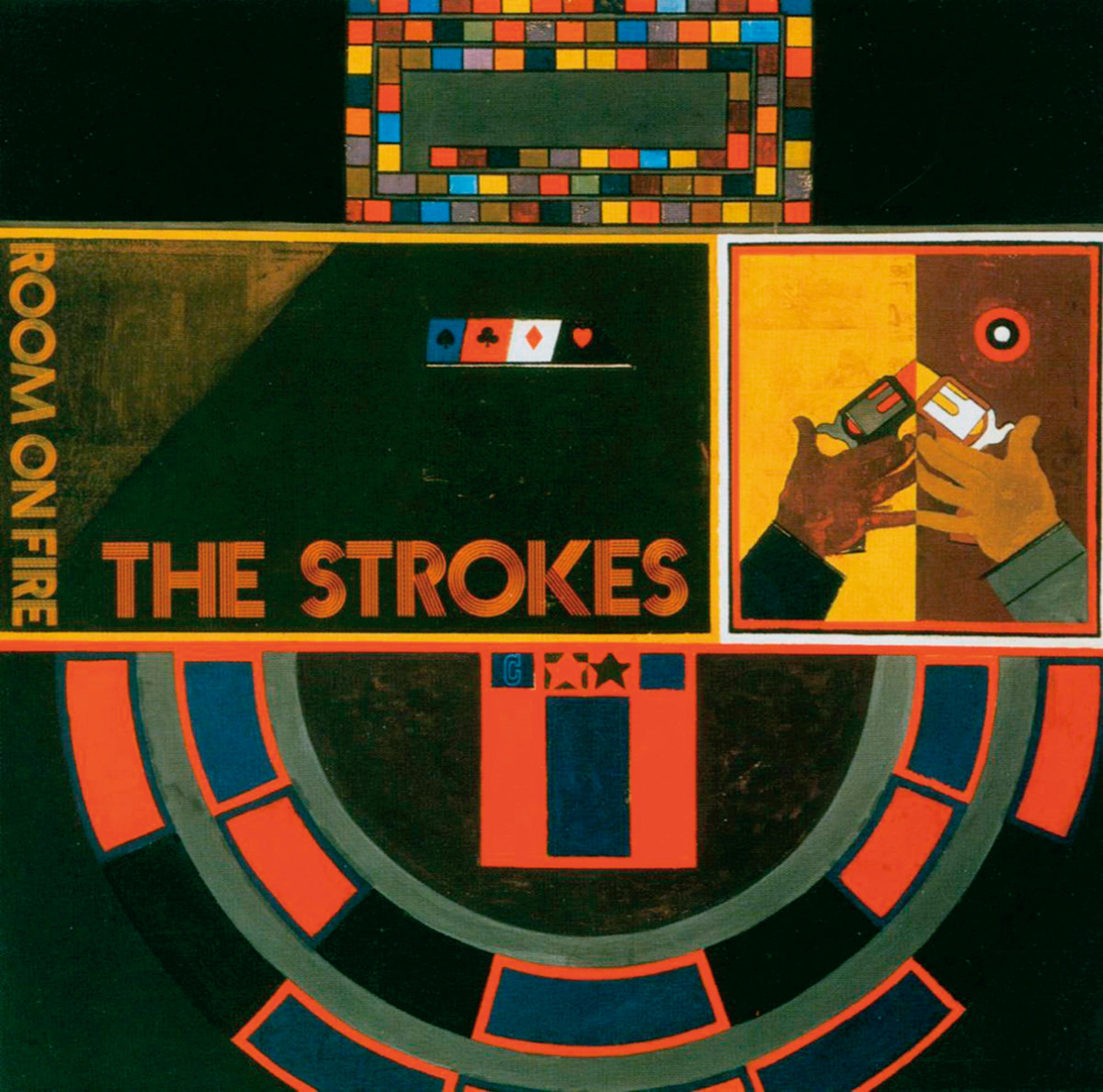 Albumcover für 'Room on Fire' von The Strokes. Abstraktes Design mit verschiedenen geometrischen Formen und Farben.