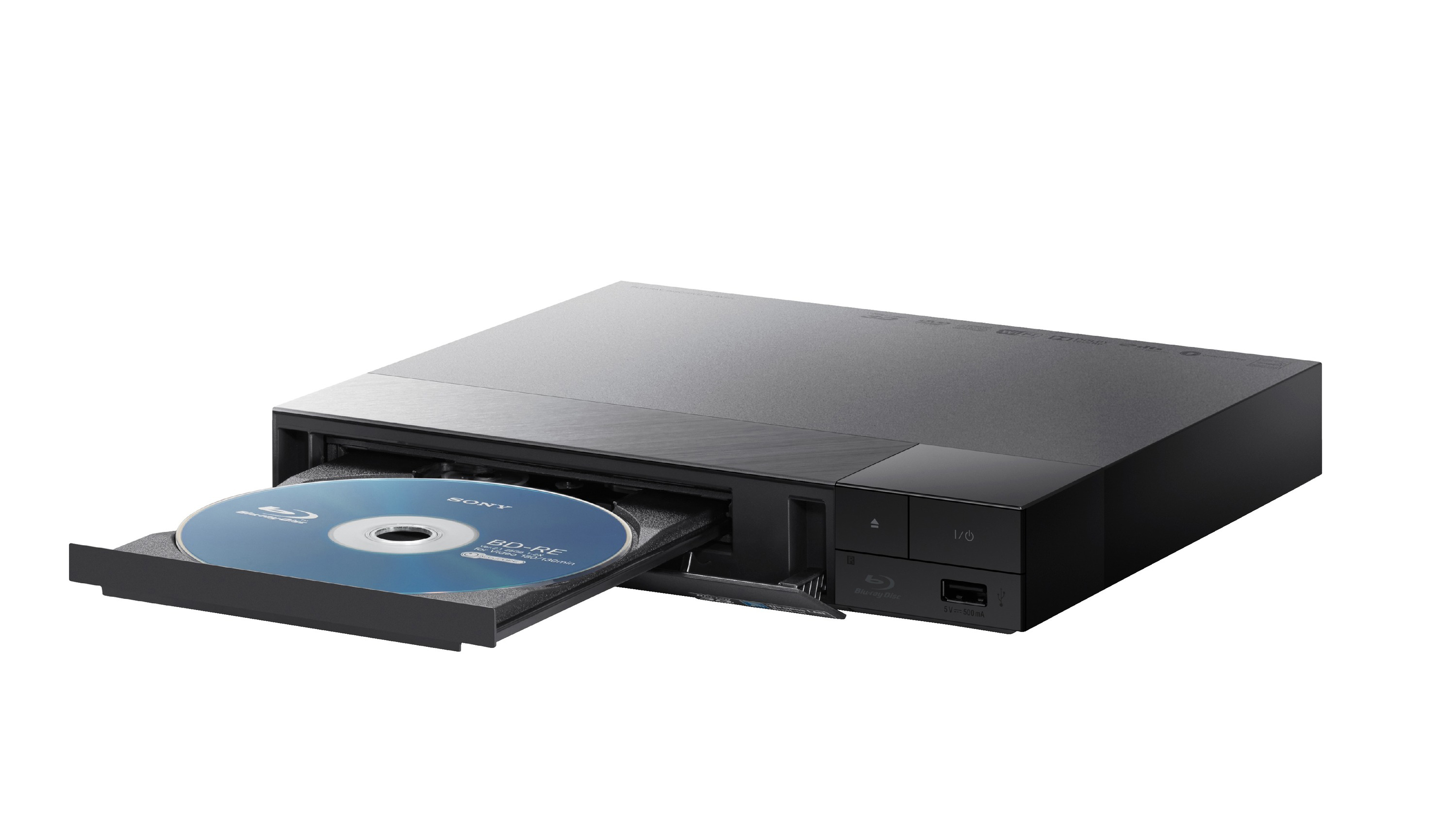 Schwarzer Blu-ray-Player mit geöffnetem Laufwerk und blauer Disc im Inneren, auf weißem Hintergrund.